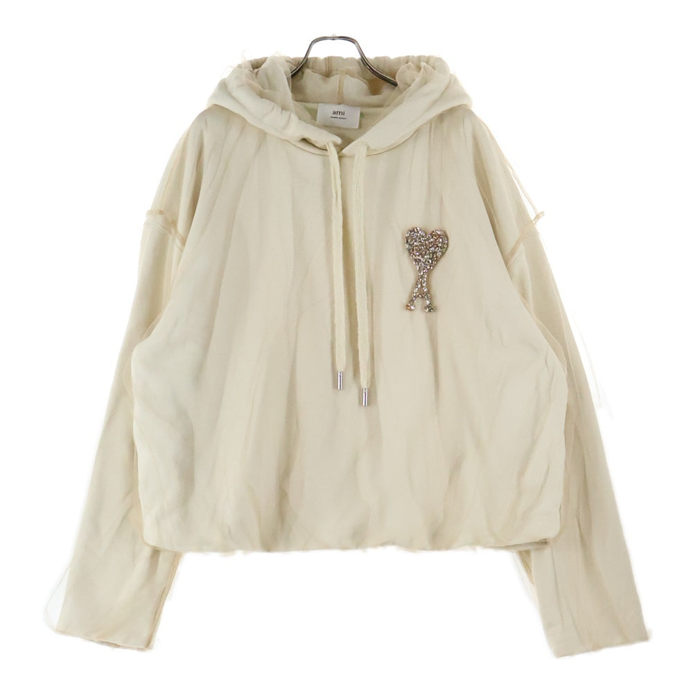 AMI Alexandre Mattiussi(アミアレクサンドルマテュッシ) ラメハートロゴ チュールレイヤード プルオーバースウェットパーカー レディース ベージュ USW221.PA0018
