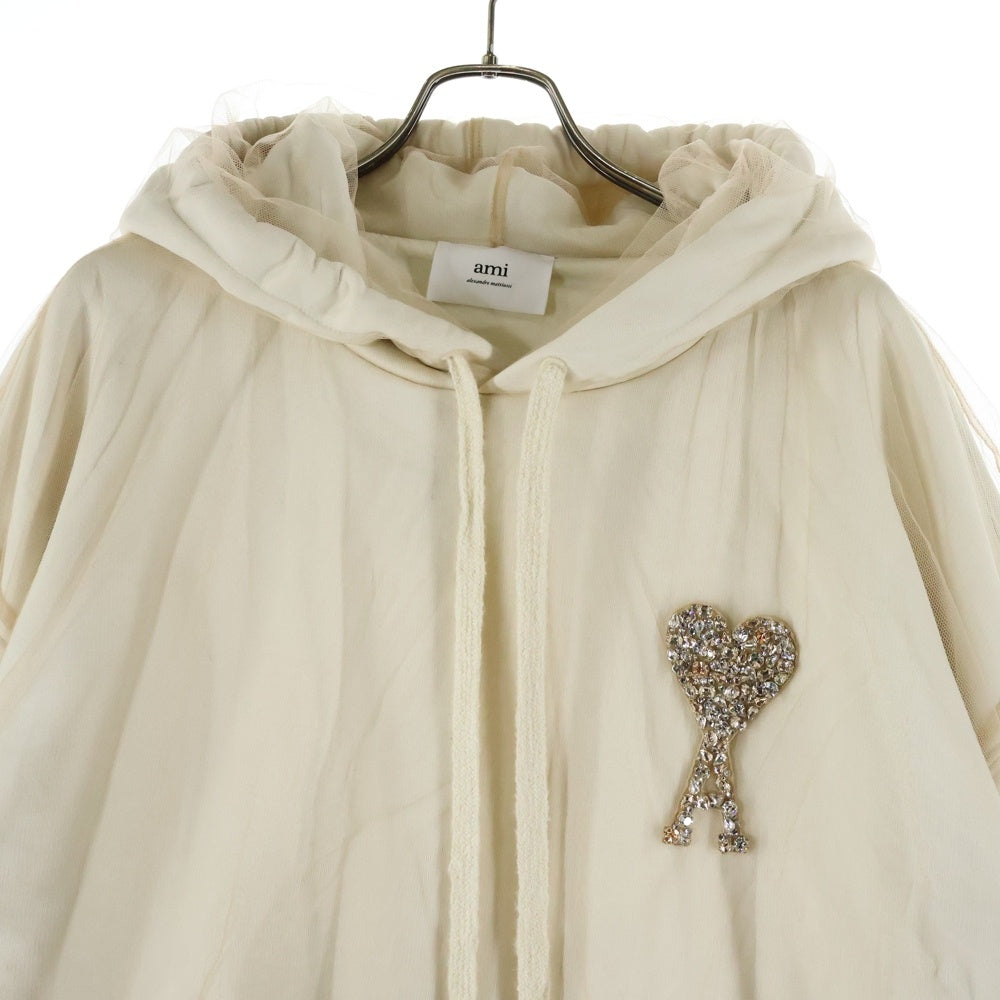 AMI Alexandre Mattiussi(アミアレクサンドルマテュッシ) ラメハートロゴ チュールレイヤード プルオーバースウェットパーカー レディース ベージュ USW221.PA0018