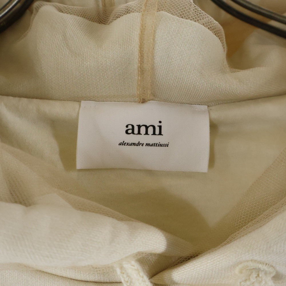 AMI Alexandre Mattiussi(アミアレクサンドルマテュッシ) ラメハートロゴ チュールレイヤード プルオーバースウェットパーカー レディース ベージュ USW221.PA0018