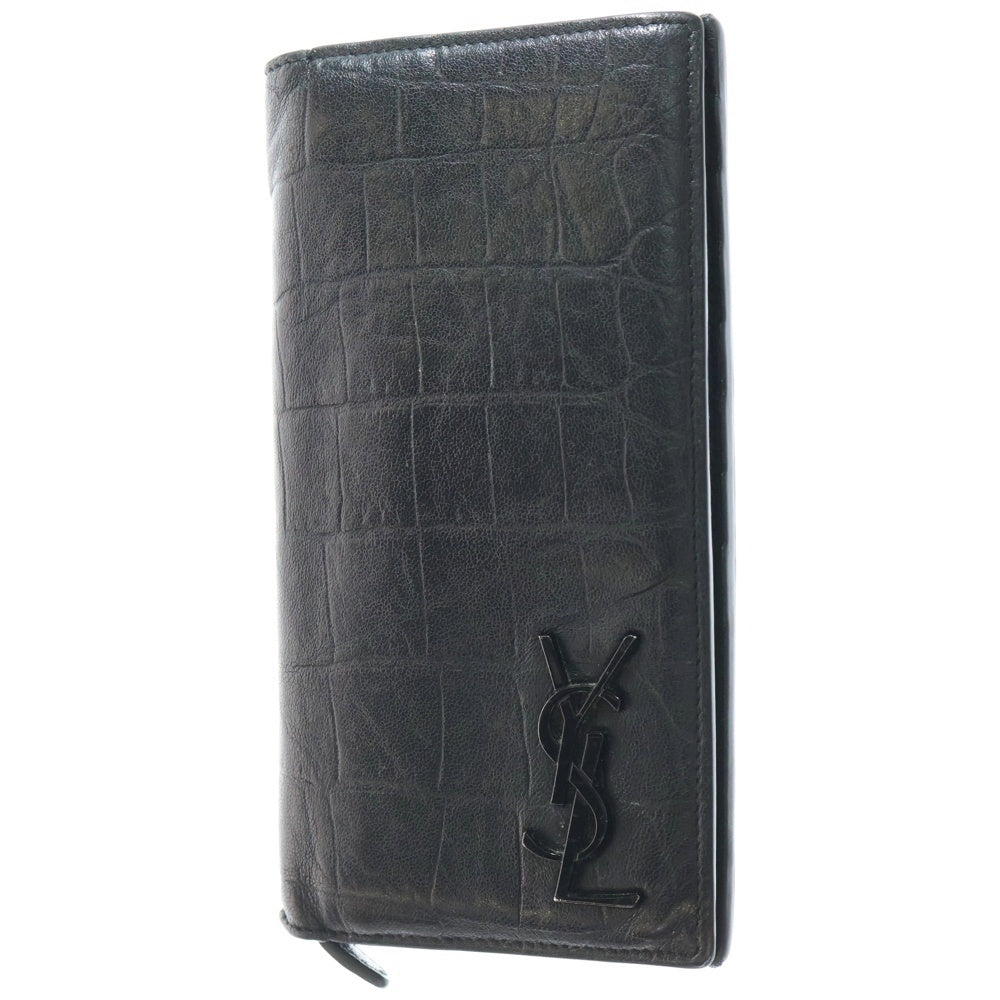 YVES SAINT LAURENT(イヴサンローラン) クロコ型押し ロゴプレート レザー 長財布 ウォレット ブラック 529981