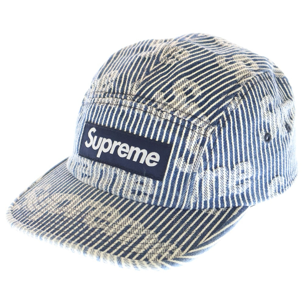 SUPREME(シュプリーム) 24SS ×NEW ERA Denim Camp Cap ニューエラ 総柄 ストライプ ボックスロゴ デニム キャンプ キャップ 帽子 ホワイト/インディゴ