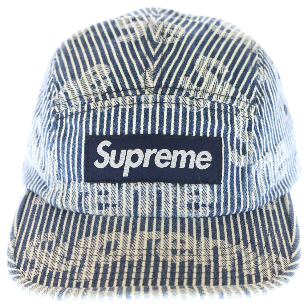SUPREME(シュプリーム) 24SS ×NEW ERA Denim Camp Cap ニューエラ 総柄 ストライプ ボックスロゴ デニム キャンプ キャップ 帽子 ホワイト/インディゴ