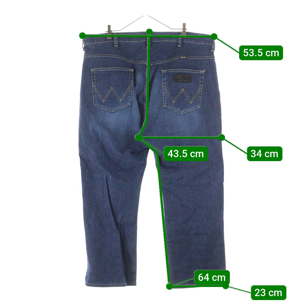 Wrangler(ラングラー) ブラックロゴパッチ ボタンフライ ストレートデニムパンツ インディゴ W34533