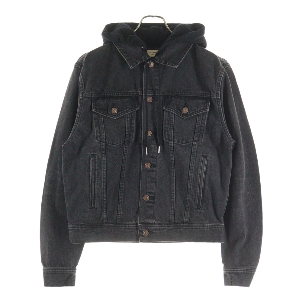 CELINE セリーヌ ロゴプリントフーディドッキング デニムトラッカージャケット ブラック 2Q472947F CELINE(セリーヌ) ロゴプリントフーディドッキング デニムトラッカー