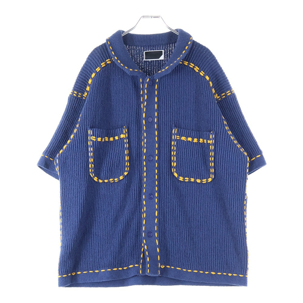 PHINGERIN(フィンガリン) 25SS PG1 BEACH SHIRT ハンドステッチ加工 コットンニット 半袖ビーチシャツ ネイビー PD-251-KN-101