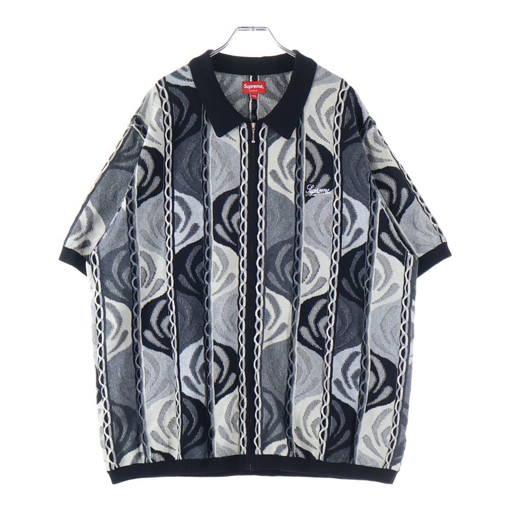 SUPREME(シュプリーム) 22SS Abstract Textured Zip Up Polo アブストラクトテクスチャー ジップアップポロ ニット半袖ポロシャツ グレー/ブラック