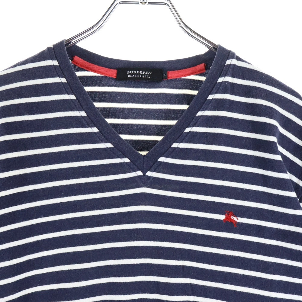 BURBERRY BLACK LABEL(バーバリー ブラックレーベル) ロゴエンブロイダリー Vネック ボーダーカットソー 長袖Tシャツ ネイビー/ホワイト