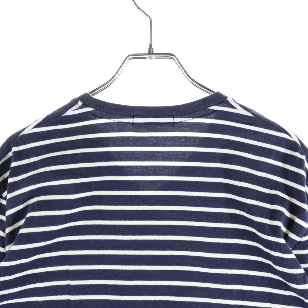 BURBERRY BLACK LABEL(バーバリー ブラックレーベル) ロゴエンブロイダリー Vネック ボーダーカットソー 長袖Tシャツ ネイビー/ホワイト