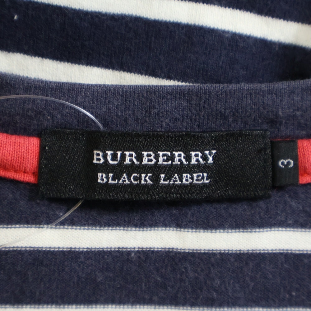 BURBERRY BLACK LABEL(バーバリー ブラックレーベル) ロゴエンブロイダリー Vネック ボーダーカットソー 長袖Tシャツ ネイビー/ホワイト
