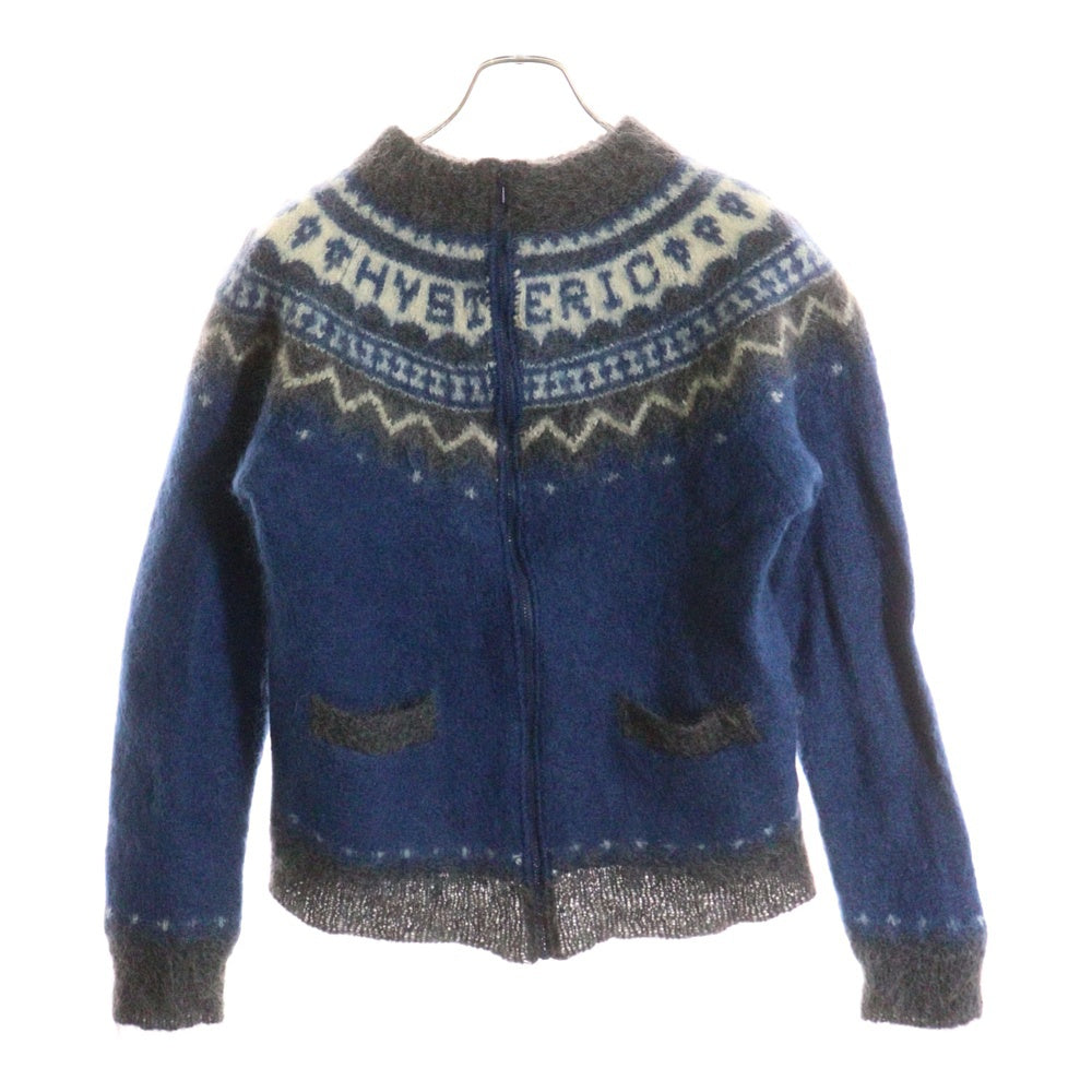 HYSTERIC GLAMOUR(ヒステリックグラマー) モヘア混 ノルディック柄 ジップアップ長袖ニット セーター ブルー 2ND-2255