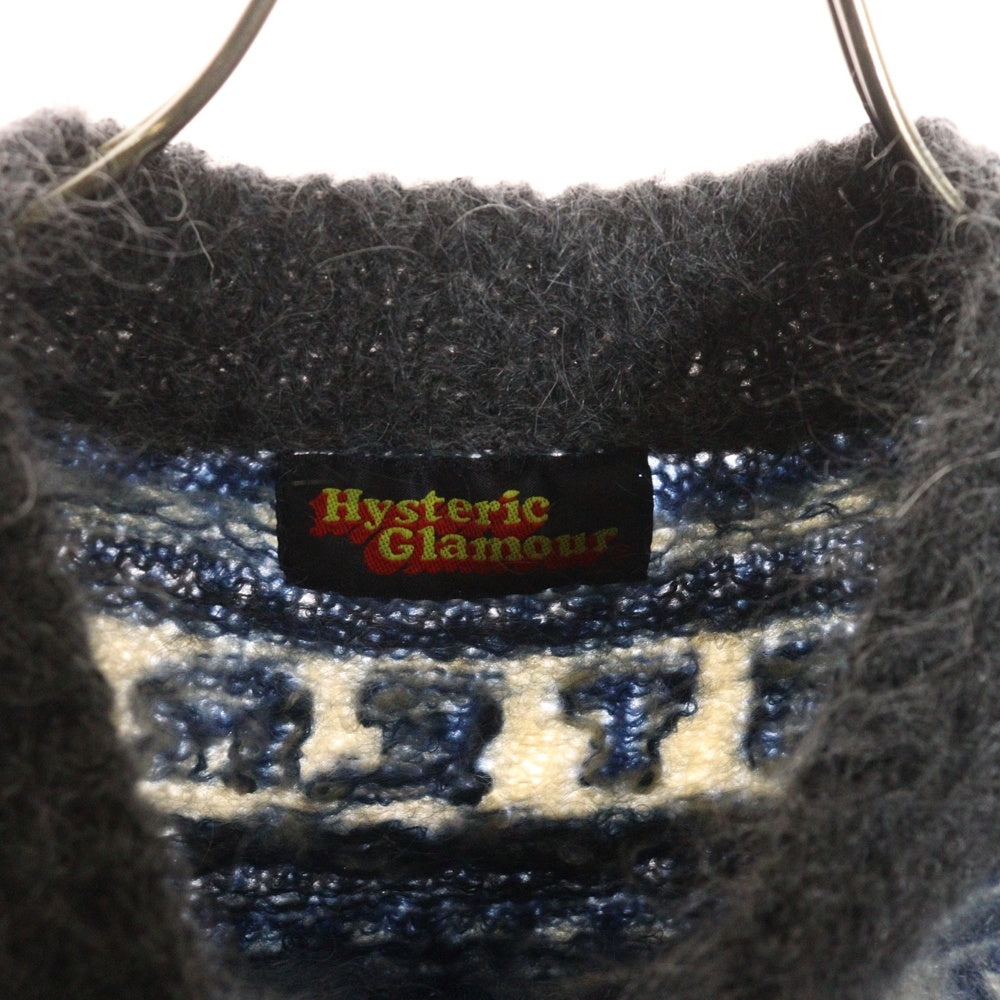HYSTERIC GLAMOUR(ヒステリックグラマー) モヘア混 ノルディック柄 ジップアップ長袖ニット セーター ブルー 2ND-2255