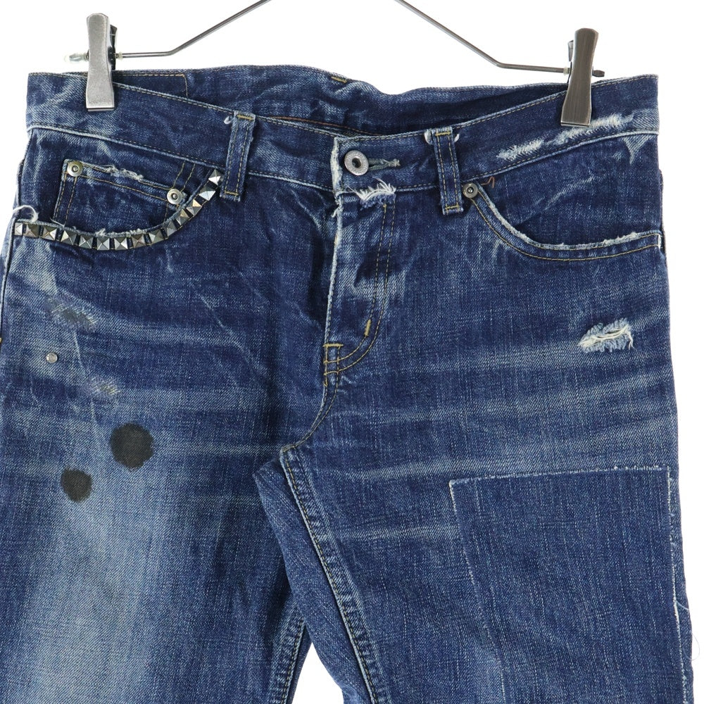 HYSTERIC GLAMOUR(ヒステリックグラマー) スタッズ装飾 ダメージ加工 ローライズ ボタンフライ デニムパンツ インディゴ 3AP-4343