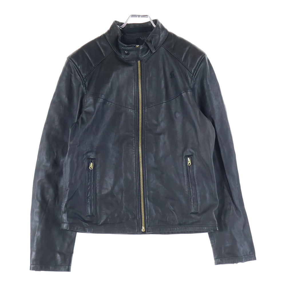 G-STAR RAW(ジースターロウ) 胸ロゴデザイン ダブルポケット ジップアップ レザー ライダースジャケット ブラック