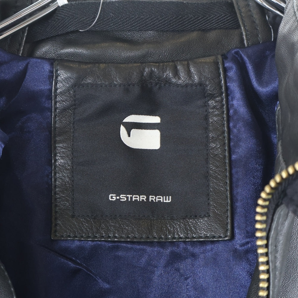 G-STAR RAW(ジースターロウ) 胸ロゴデザイン ダブルポケット ジップアップ レザー ライダースジャケット ブラック