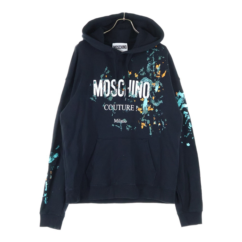 MOSCHINO(モスキーノ) 24SS LOGO PRINTED DRAWSTRING HOODIE ロゴプリント ペインティングデザイン スウェット プルオーバーパーカー ブラック 241ZRA17172028