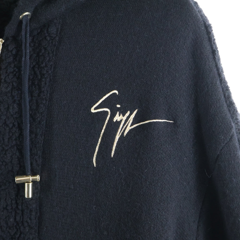 GIUSEPPE ZANOTTI(ジュゼッペ ザノッティ) フロントロゴ刺繍 ボア切り替え ジップアップスウェットパーカー フーディー ブラック