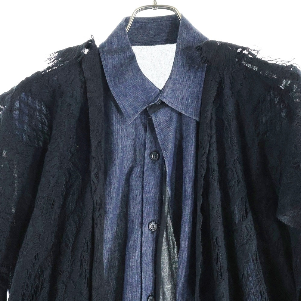 Yohji Yamamoto FEMME(ヨウジヤマモトファム) 22AW デニムレースコンビネーション ロングアシンメトリー コットン長袖シャツ ブラック/インディゴ FE-B15-822