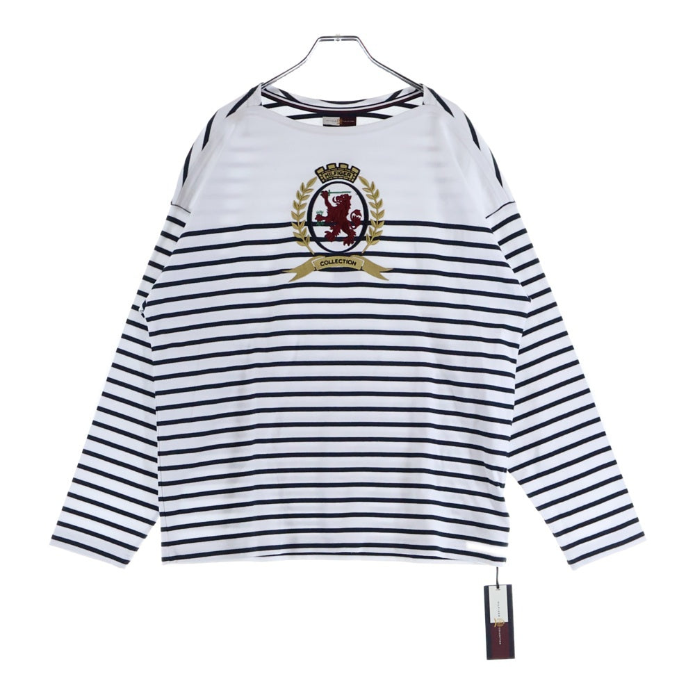 TOMMY HILFIGER(トミーヒルフィガー) エンブレムロゴ刺繍 ボーダー コットン 長袖Tシャツ カットソー ホワイト/ネイビー RE00502