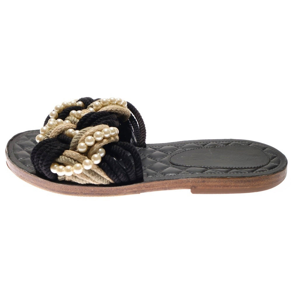 CHANEL(シャネル) ロープ フェイクパール マトラッセ フラットサンダル ブラック レディース