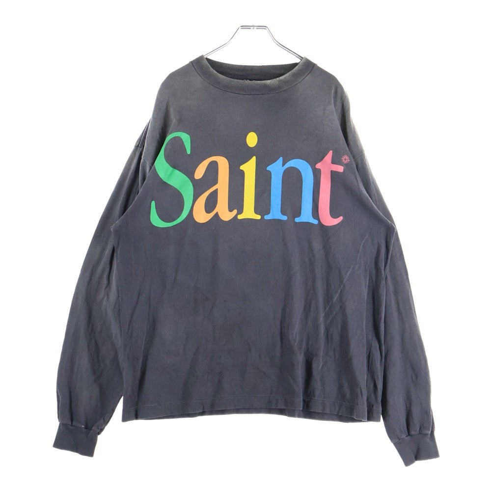 SAINT MICHAEL(セントマイケル) 25SS LS TEE SAINT ロゴプリント ヴィンテージ加工 Tシャツ 長袖カットソー ブラック SM-HR8-0000-032