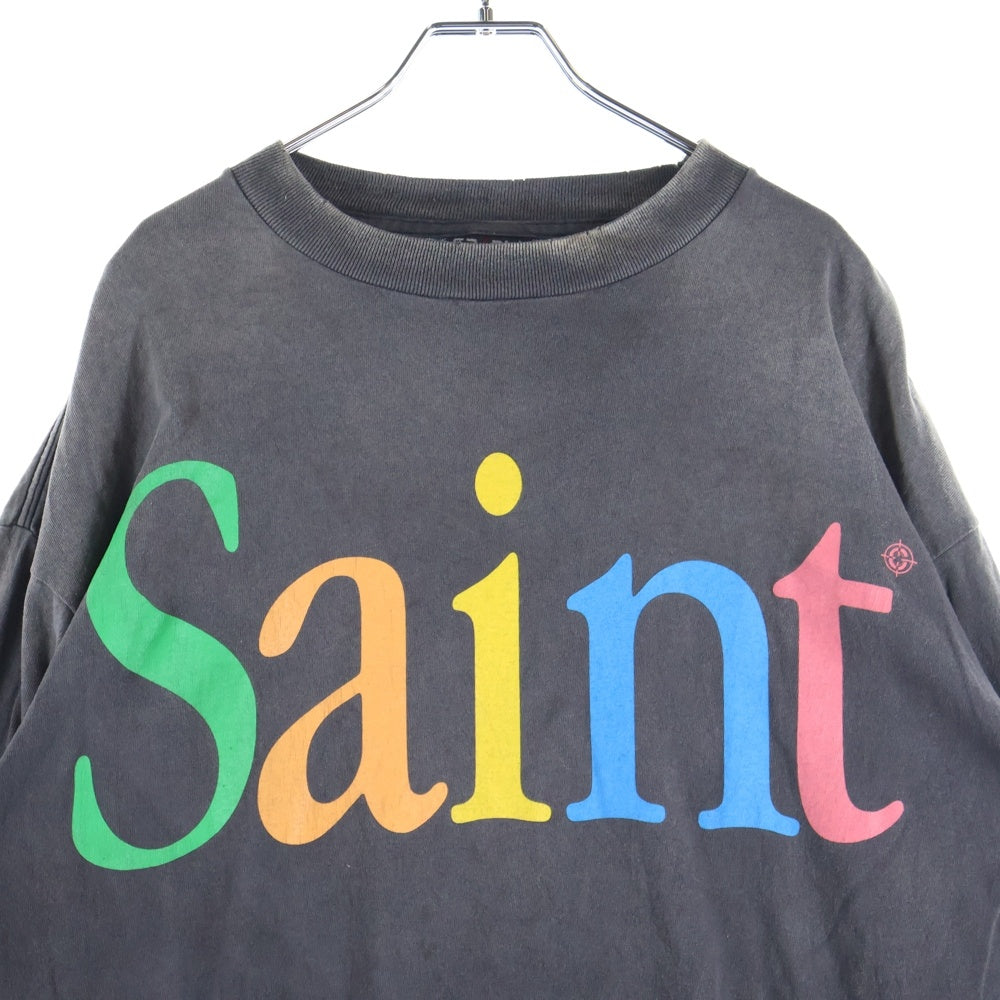 SAINT MICHAEL(セントマイケル) 25SS LS TEE SAINT ロゴプリント ヴィンテージ加工 Tシャツ 長袖カットソー ブラック SM-HR8-0000-032