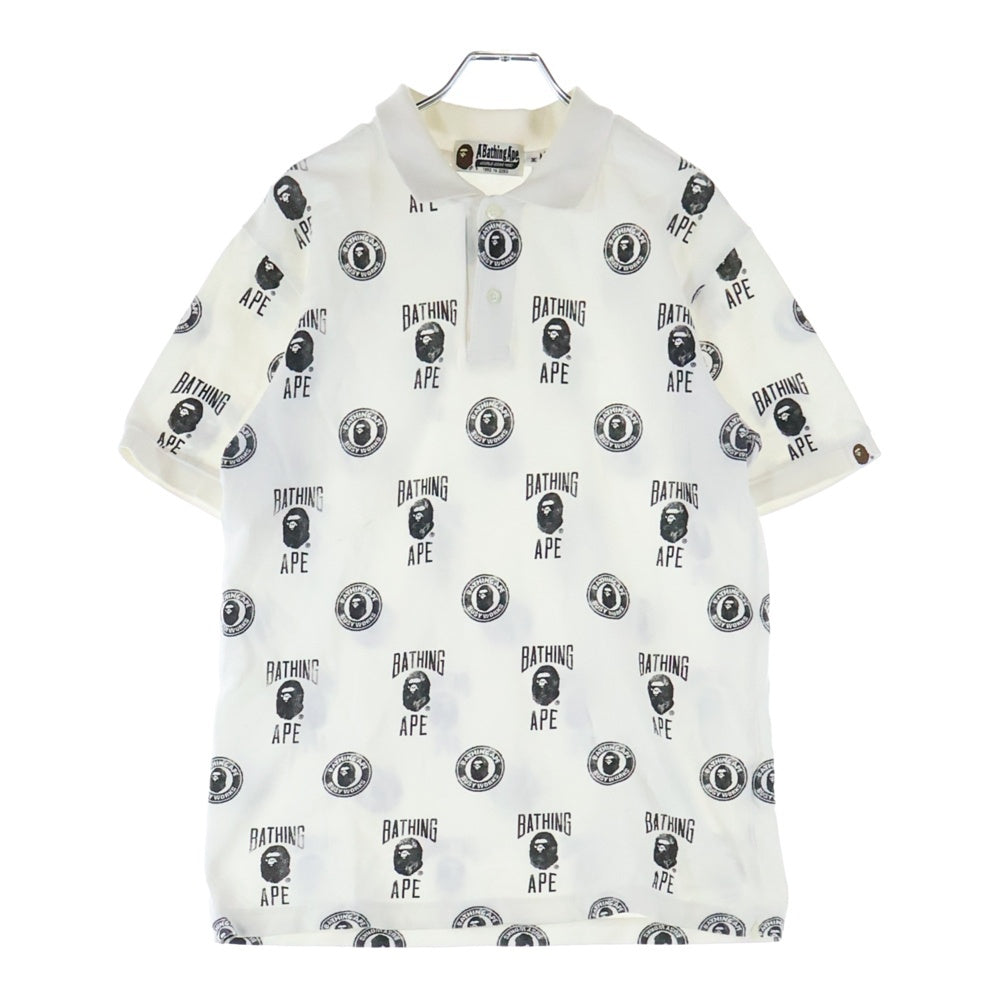 A BATHING APE(アベイシングエイプ) 両面ロゴデザイン 総柄 カットソー 半袖ポロシャツ ホワイト