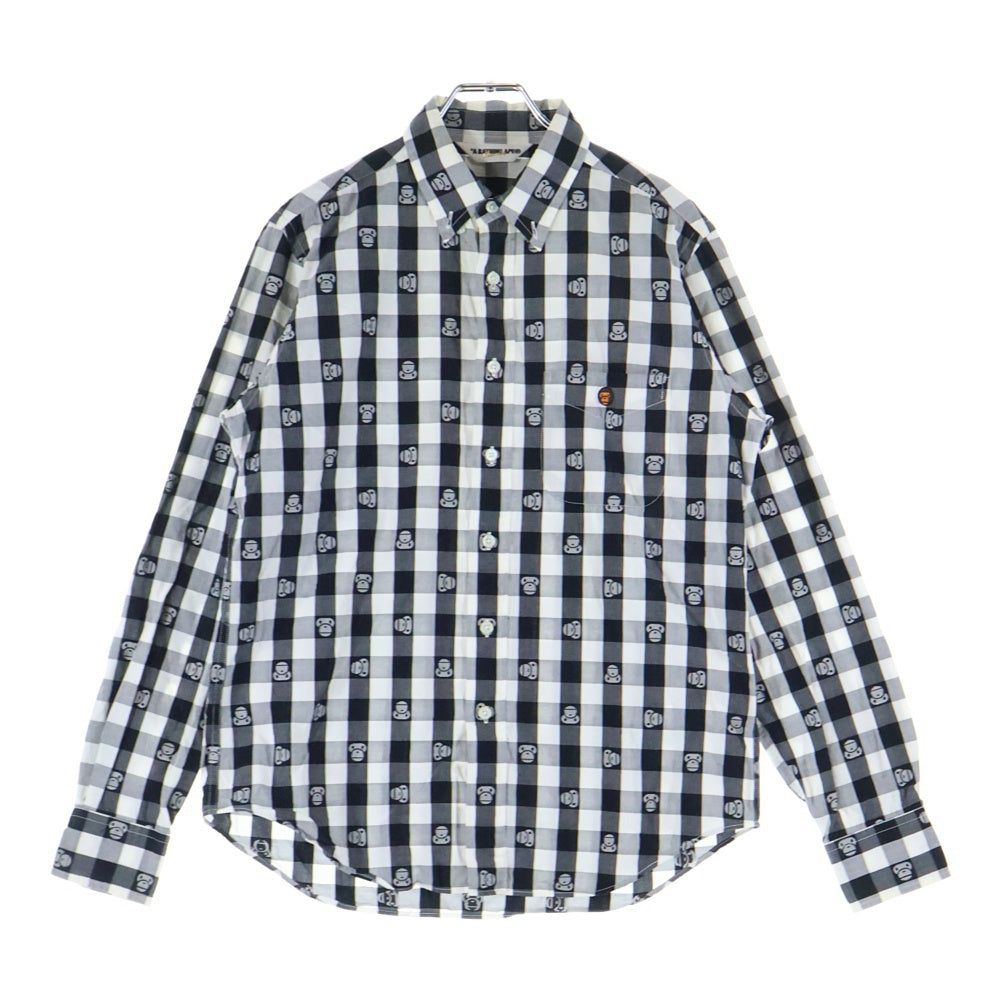 A BATHING APE(アベイシングエイプ) BABY MILO ベイビー マイロ 総柄デザイン チェック柄 胸ポケット ボタンダウン 長袖シャツ ブラック/ホワイト