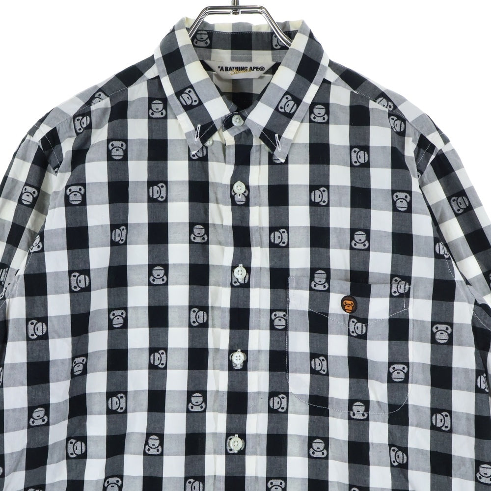 A BATHING APE(アベイシングエイプ) BABY MILO ベイビー マイロ 総柄デザイン チェック柄 胸ポケット ボタンダウン 長袖シャツ ブラック/ホワイト