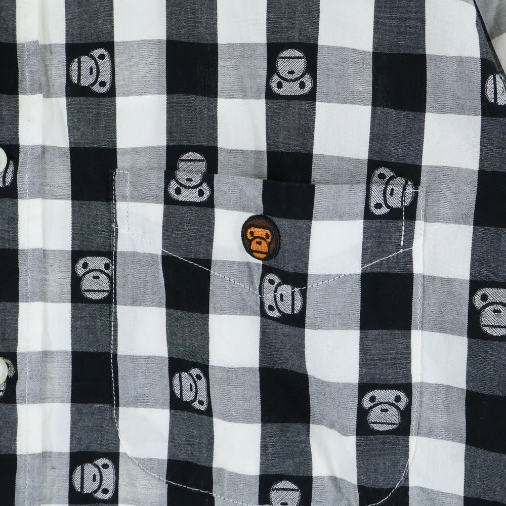 A BATHING APE(アベイシングエイプ) BABY MILO ベイビー マイロ 総柄デザイン チェック柄 胸ポケット ボタンダウン 長袖シャツ ブラック/ホワイト
