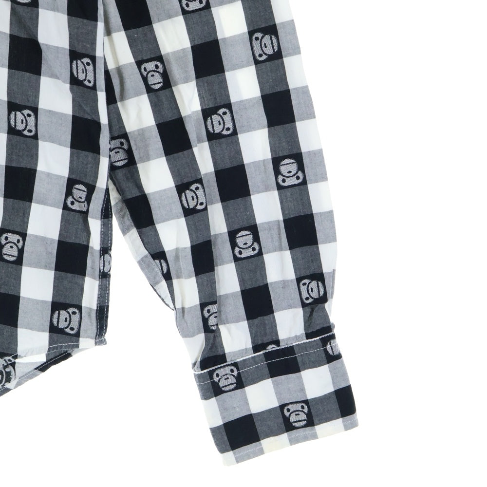 A BATHING APE(アベイシングエイプ) BABY MILO ベイビー マイロ 総柄デザイン チェック柄 胸ポケット ボタンダウン 長袖シャツ ブラック/ホワイト