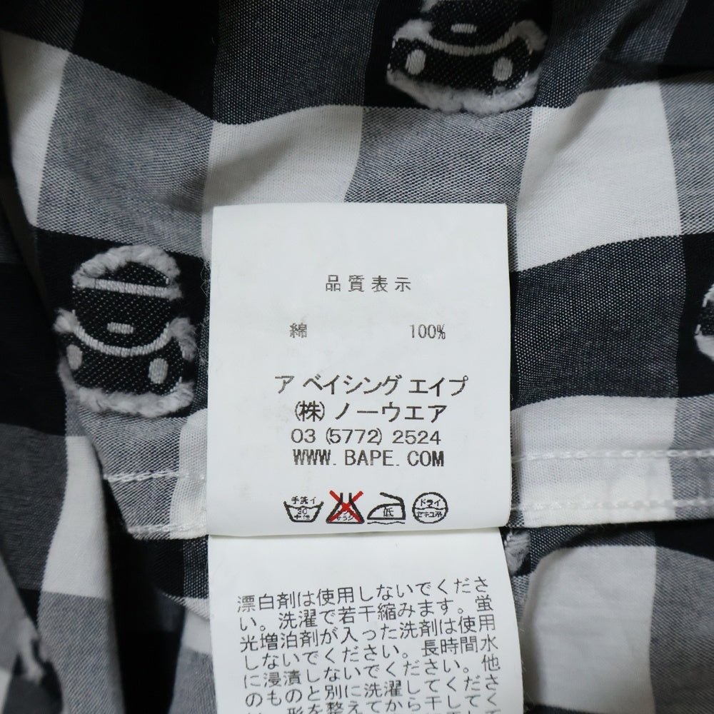 A BATHING APE(アベイシングエイプ) BABY MILO ベイビー マイロ 総柄デザイン チェック柄 胸ポケット ボタンダウン 長袖シャツ ブラック/ホワイト