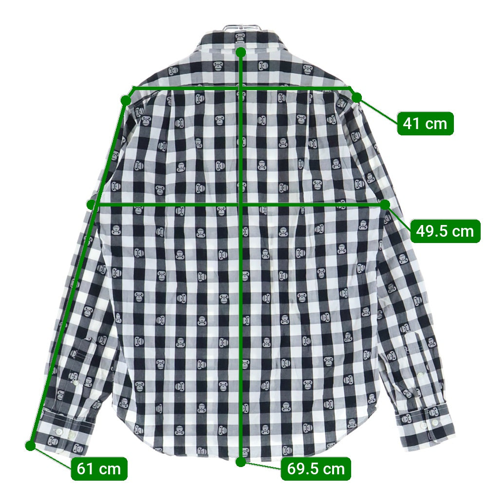 A BATHING APE(アベイシングエイプ) BABY MILO ベイビー マイロ 総柄デザイン チェック柄 胸ポケット ボタンダウン 長袖シャツ ブラック/ホワイト