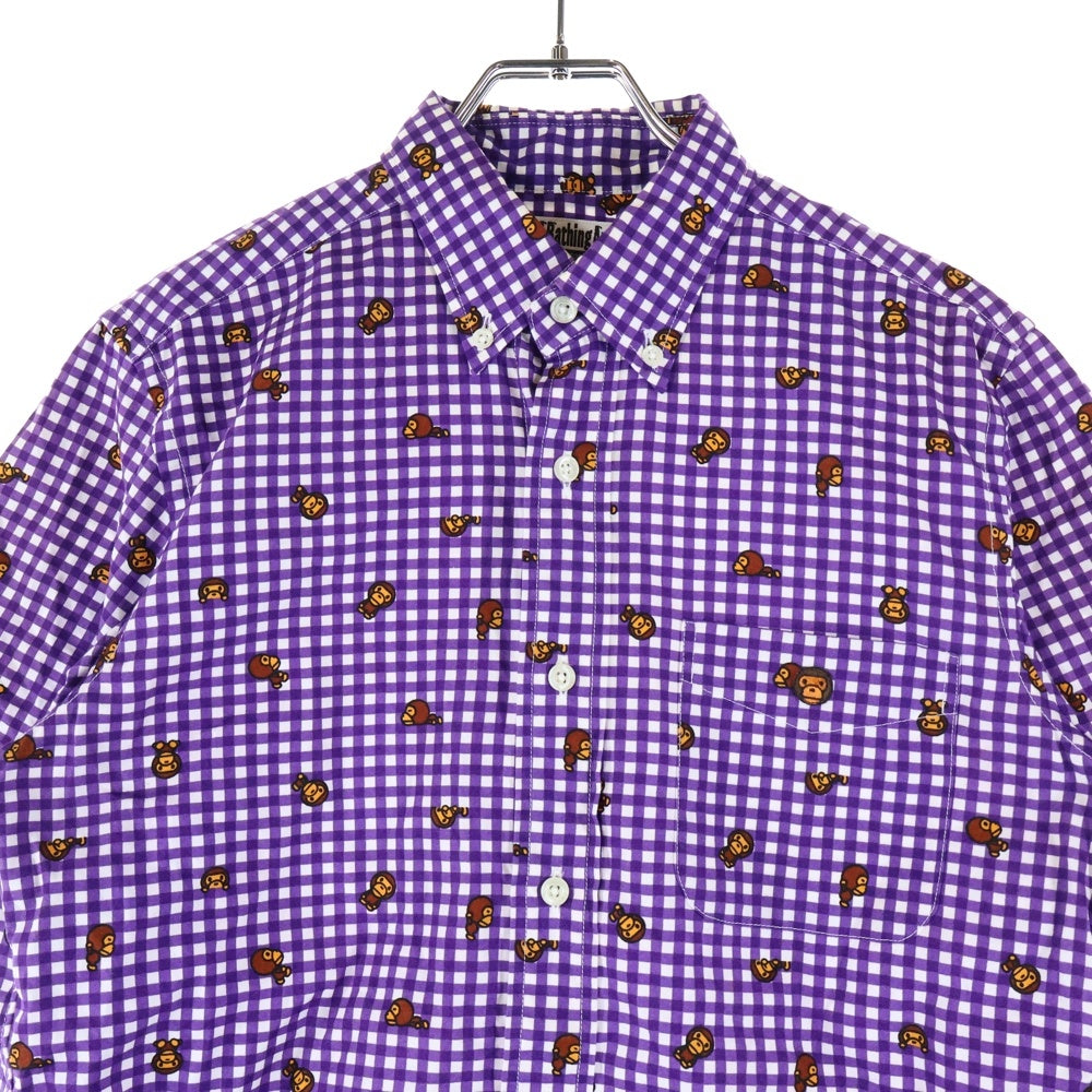 A BATHING APE(アベイシングエイプ) BABY MILO ベイビー マイロ 総柄デザイン チェック柄 胸ポケット ボタンダウン 半袖シャツ パープル