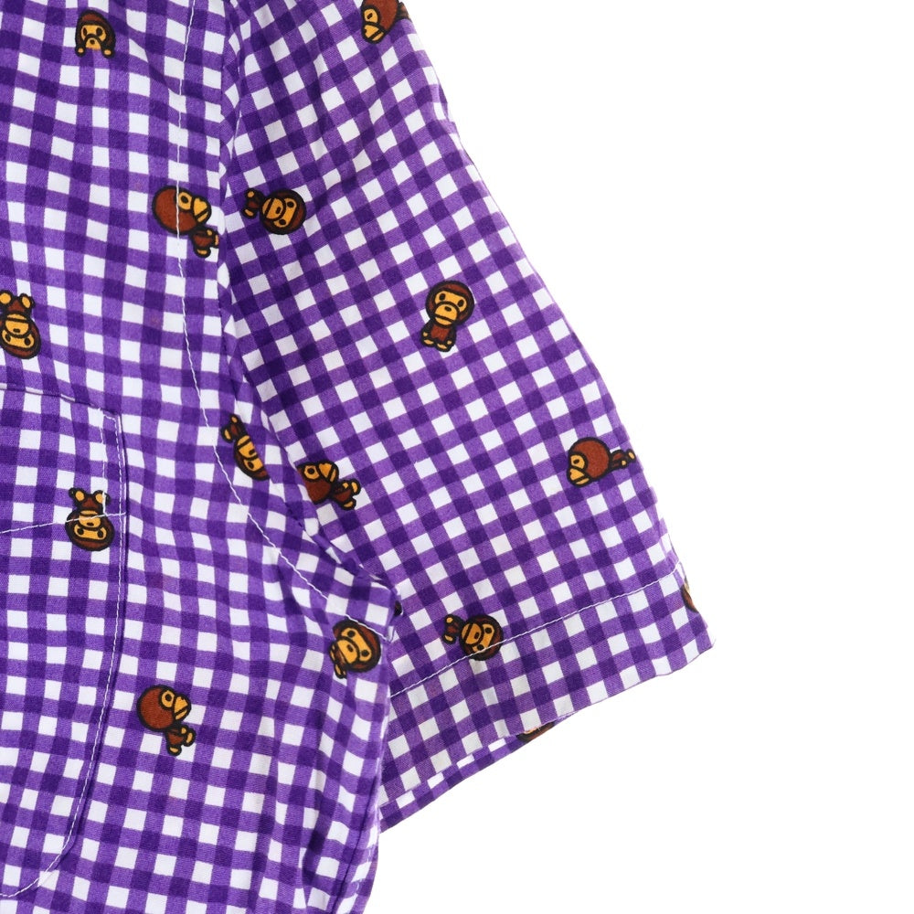 A BATHING APE(アベイシングエイプ) BABY MILO ベイビー マイロ 総柄デザイン チェック柄 胸ポケット ボタンダウン 半袖シャツ パープル