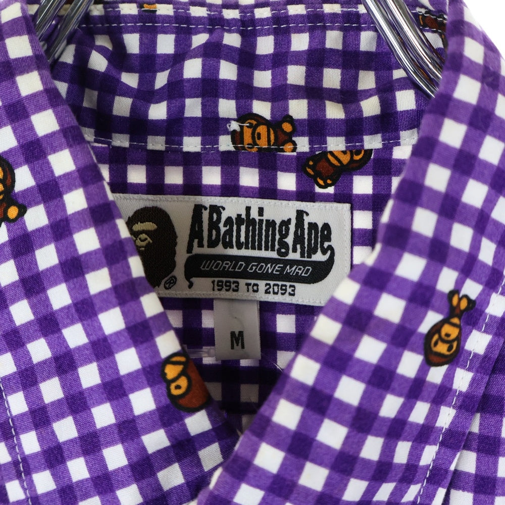 A BATHING APE(アベイシングエイプ) BABY MILO ベイビー マイロ 総柄デザイン チェック柄 胸ポケット ボタンダウン 半袖シャツ パープル