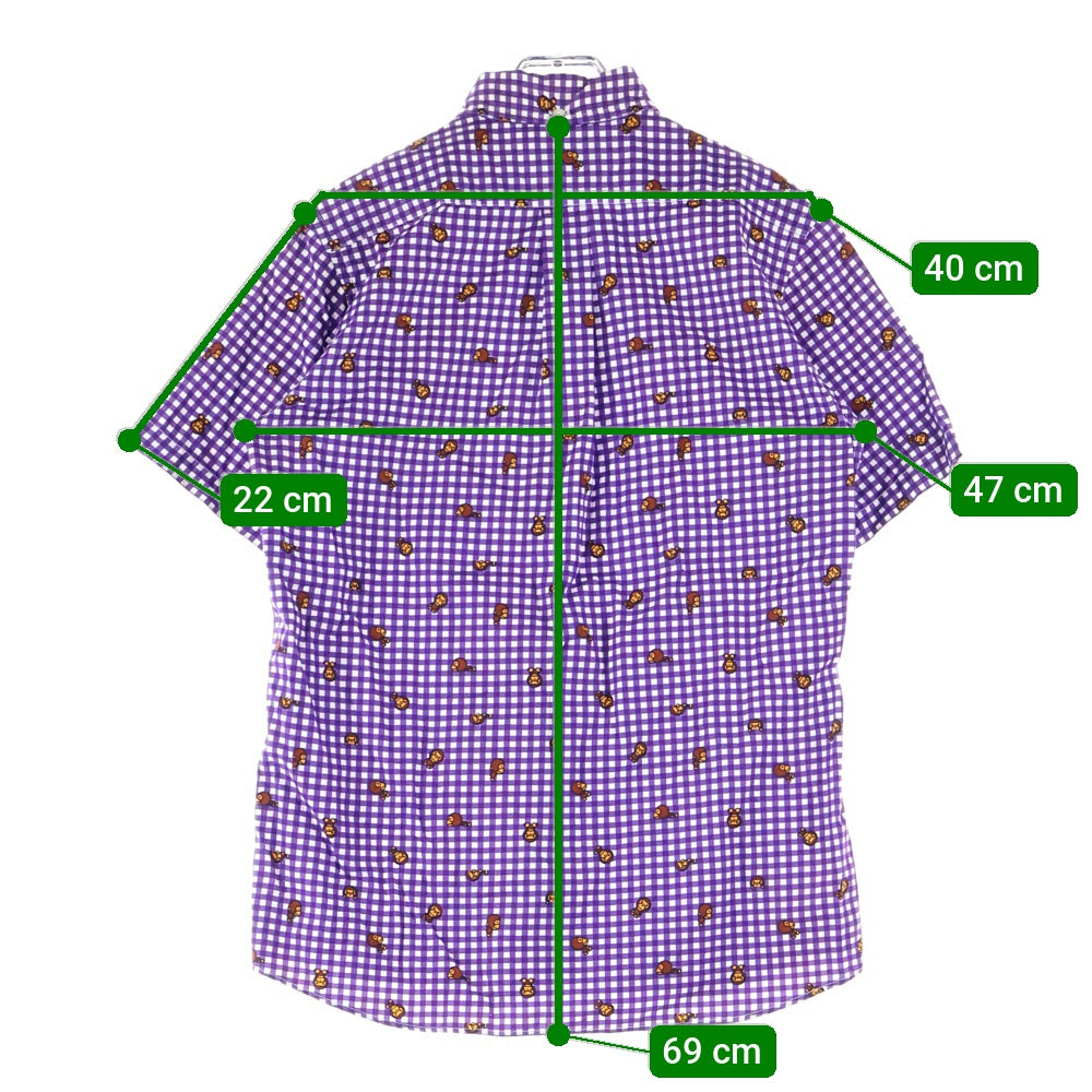 A BATHING APE(アベイシングエイプ) BABY MILO ベイビー マイロ 総柄デザイン チェック柄 胸ポケット ボタンダウン 半袖シャツ パープル