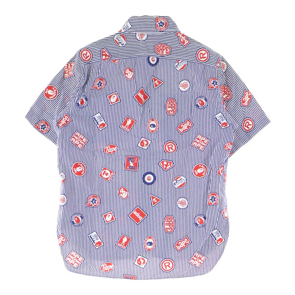A BATHING APE(アベイシングエイプ) マルチロゴデザイン 総柄 ダブル胸フラップポケット ストライプ ワーク半袖シャツ ブルー