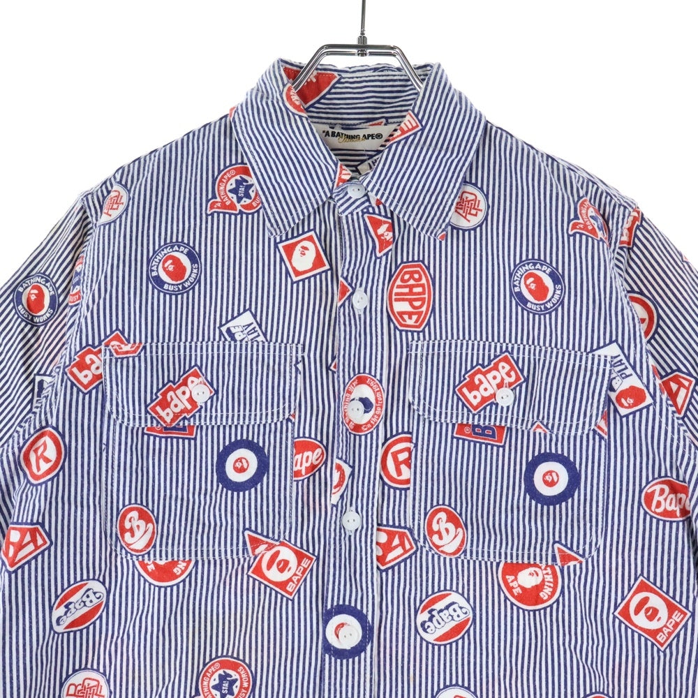 A BATHING APE(アベイシングエイプ) マルチロゴデザイン 総柄 ダブル胸フラップポケット ストライプ ワーク半袖シャツ ブルー