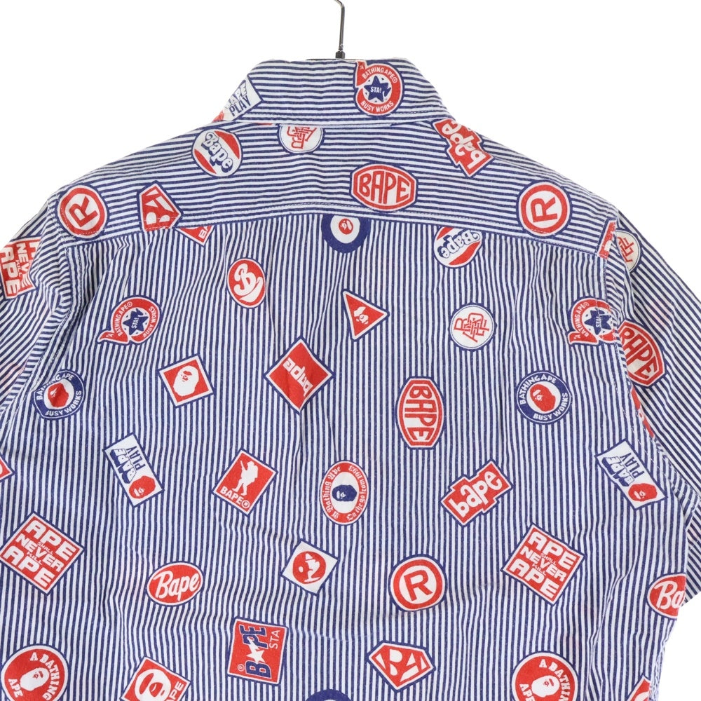 A BATHING APE(アベイシングエイプ) マルチロゴデザイン 総柄 ダブル胸フラップポケット ストライプ ワーク半袖シャツ ブルー