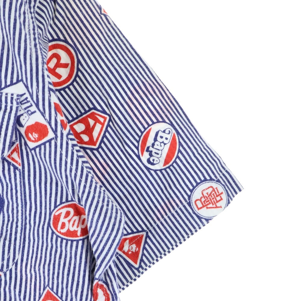 A BATHING APE(アベイシングエイプ) マルチロゴデザイン 総柄 ダブル胸フラップポケット ストライプ ワーク半袖シャツ ブルー