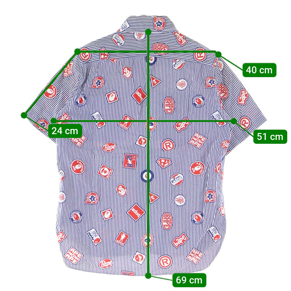 A BATHING APE(アベイシングエイプ) マルチロゴデザイン 総柄 ダブル胸フラップポケット ストライプ ワーク半袖シャツ ブルー
