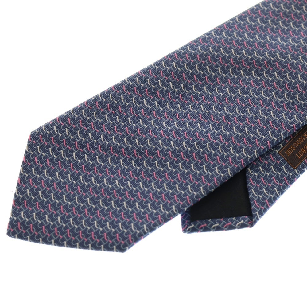 HERMES(エルメス) CRAVATE SOIE LOURDE フランス製 総柄 シルク ネクタイ ネイビー