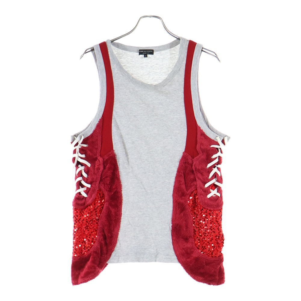 COMME des GARCONS HOMME PLUS(コムデギャルソンオムプリュス) 18SS AD2017 スパンコールデザイン サイドレース タンクトップ グレー/レッド PA-T018
