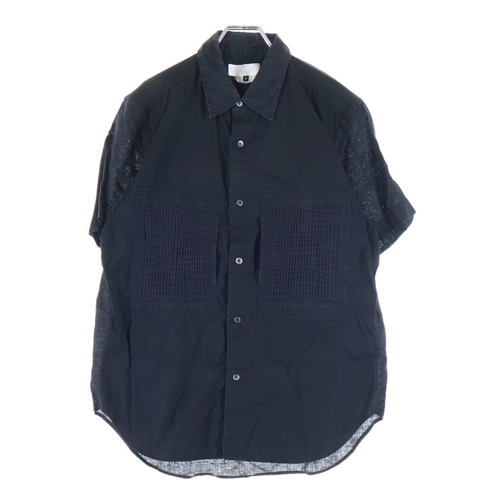 GANRYU(ガンリュウ) 15SS AD2014 リネン混 フロントデザイン 半袖シャツ ブラック EO-B014