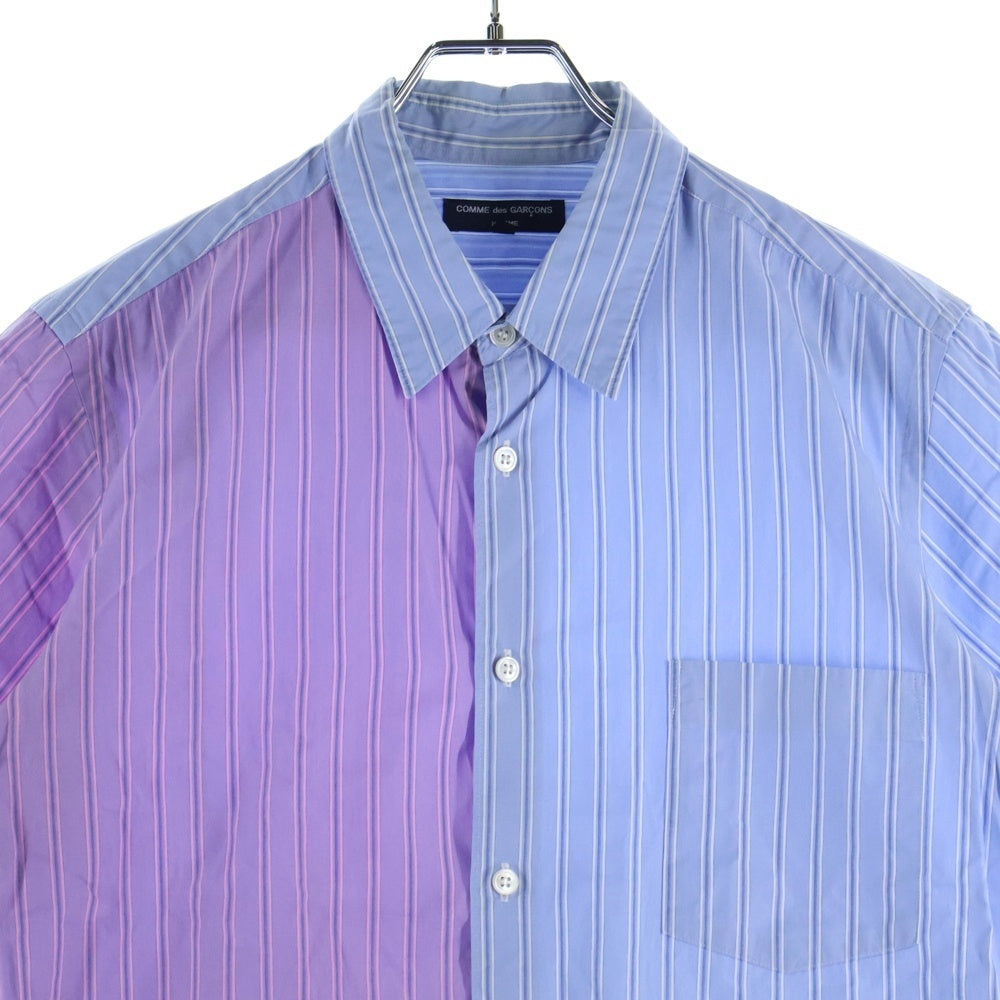 COMME des GARCONS HOMME(コムデギャルソンオム) 08AW AD2008 ストライプ 半袖ドッキングシャツ ブルー/パープル HB-B002