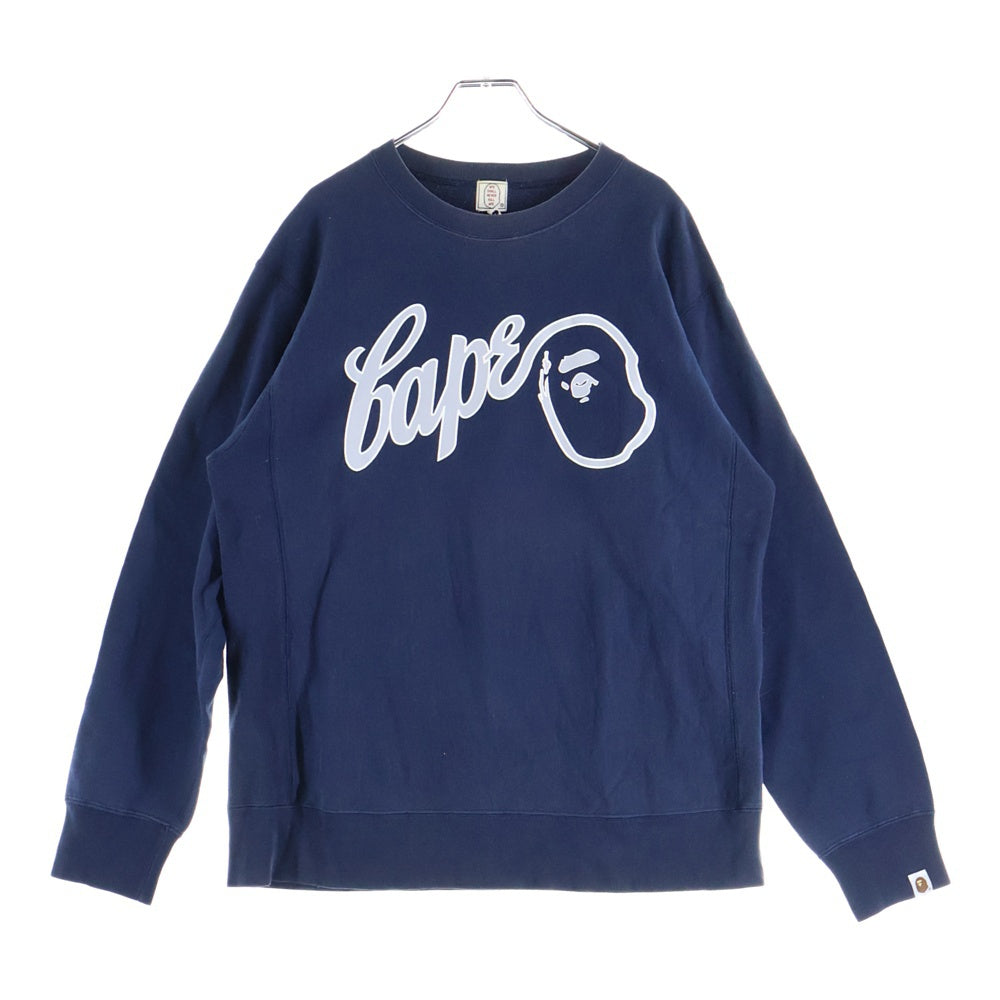 A BATHING APE(アベイシングエイプ) 猿顔ロゴプリント クルーネック リブスウェット ネイビー