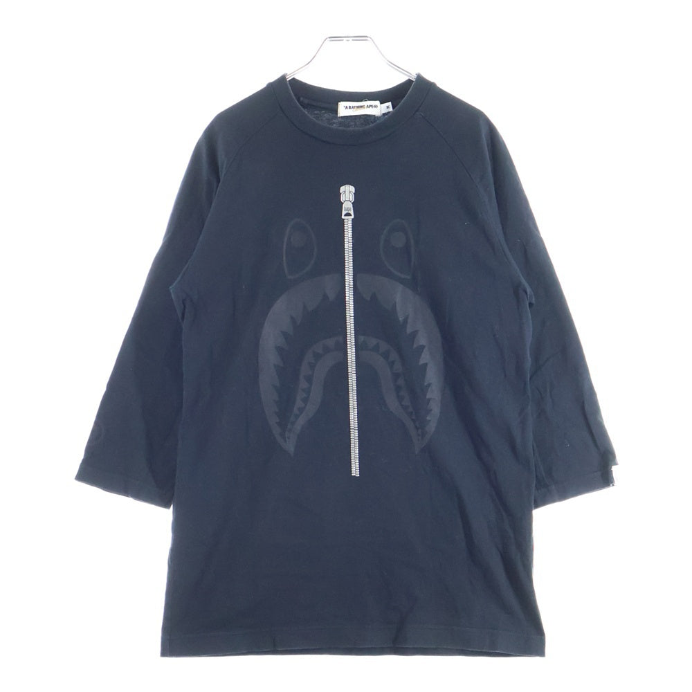 A BATHING APE(アベイシングエイプ) SHARK シャークロゴ プリント クルーネック スリークォーターレングスTシャツ カットソー ブラック