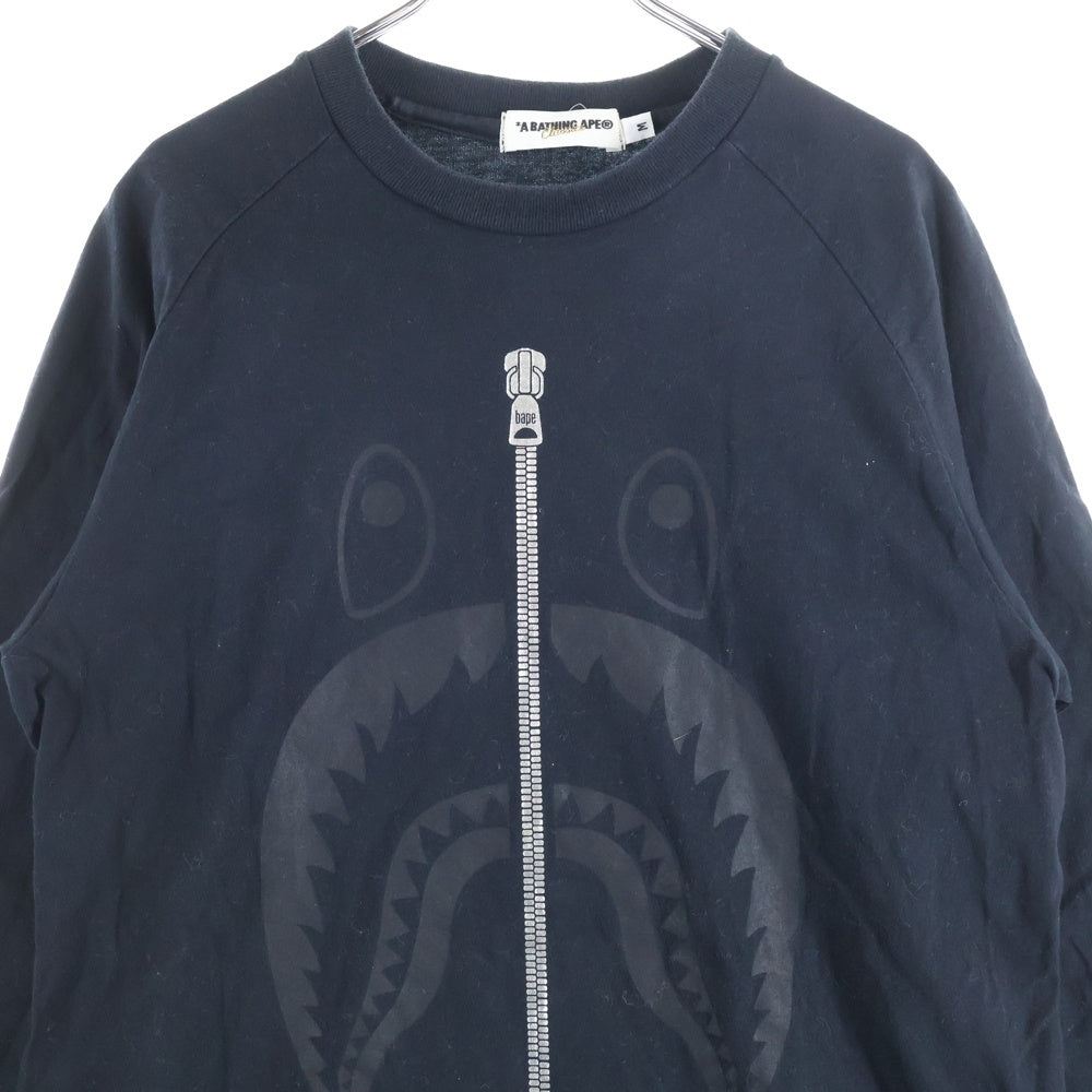 A BATHING APE(アベイシングエイプ) SHARK シャークロゴ プリント クルーネック スリークォーターレングスTシャツ カットソー ブラック
