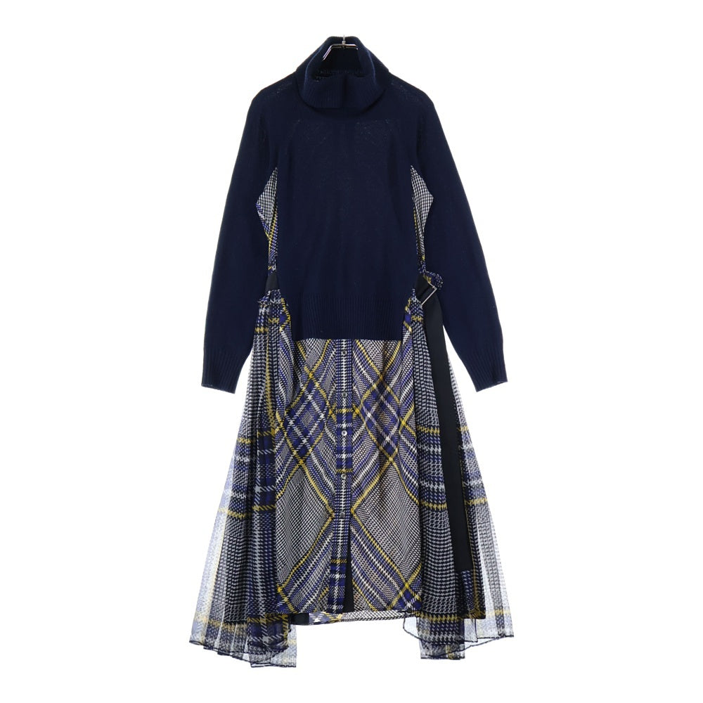 Sacai(サカイ) タートルネックニットドッキング ウエストベルト付き 総柄 ワンピース レディース ネイビー 18-04159