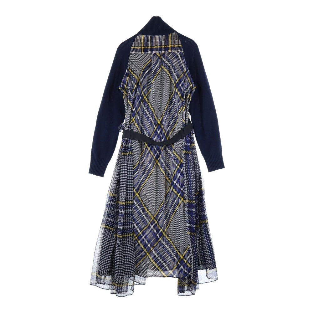 Sacai(サカイ) タートルネックニットドッキング ウエストベルト付き 総柄 ワンピース レディース ネイビー 18-04159